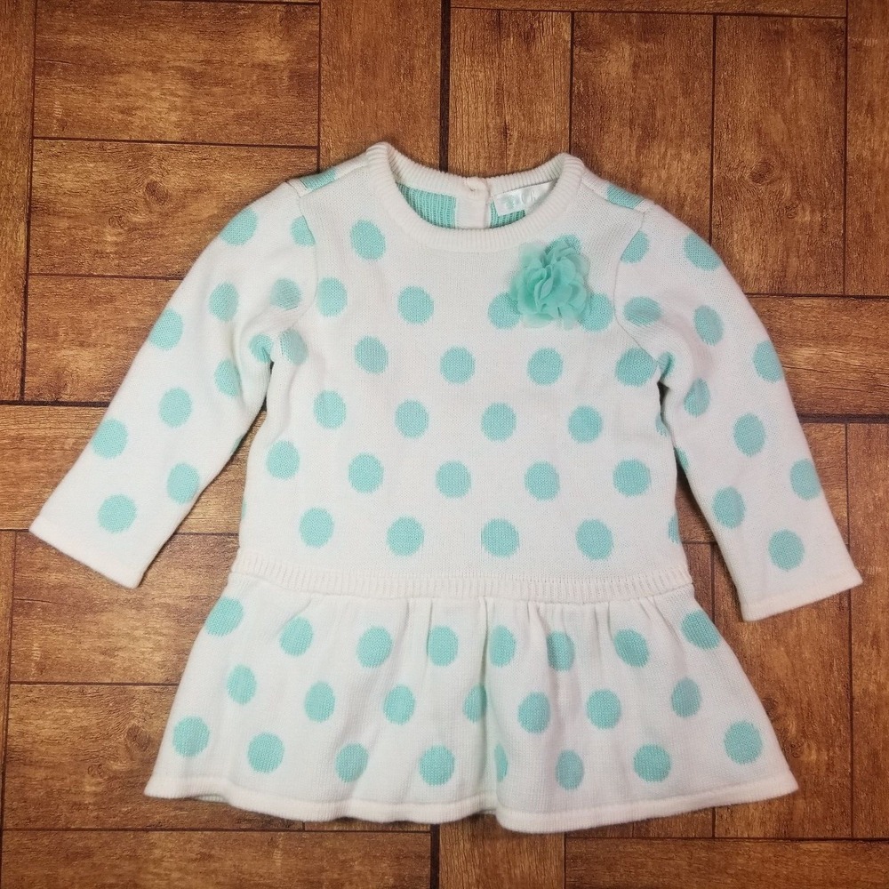 NWT Cherokee Cream Aqua Polka Dot Ruffle Cotton Knit Dress Diaper Cover 3-6mo‎